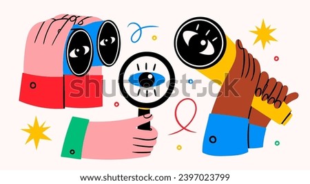 Human hands with binoculars, magnifying glass, spyglass telescope. Searching, finding, web surfing, looking for opportunities concept. Hand drawn Vector illustration. Isolated design elements