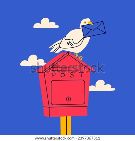 Red postal letterbox. Pigeon holding envelope in beak while sitting on mailbox. Hand drawn modern Vector illustration. Isolated design element. Delivery, message, communication concept