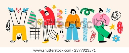 Various abstract People and doodle objects. Young men and women standing together in colorful clothing. Cartoon style characters. Hand drawn trendy Vector illustration. Isolated design elements