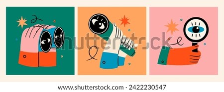 Human hands with binoculars, magnifying glass, spyglass telescope. Searching, finding, web surfing, looking for opportunities concept. Hand drawn trendy Vector illustration. Isolated design elements