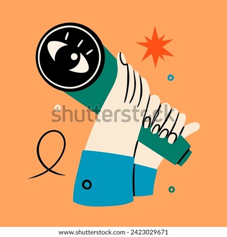 Human hands with spyglass telescope. Big eye on lens. Searching, finding, web surfing, looking for opportunities concept. Hand drawn Vector illustration. Isolated design element. Logo, icon template