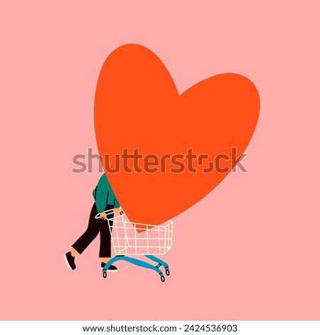 Tiny character with big red Heart. Person carrying giant heart in shopping cart. Cartoon style. Hand drawn trendy Vector illustration. Love, Valentine's day, romance concept. Isolated design template