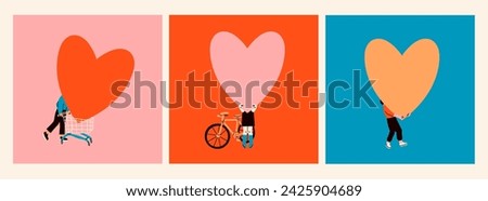 People hold big blank Hearts. Person stands with bicycle, carrying heart in shopping cart. Cartoon style. Hand drawn Vector illustration. Love, Valentine's day, romance concept. Isolated elements
