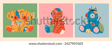 Set of Voodoo dolls with needles, pins, patches. Cute funny creatures. Cartoon style character. Hand drawn Vector illustration. Isolated design elements. Rag, textile, fabric toy. Icon, print template