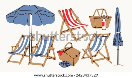 Summer beach set. Beach chairs, wooden deck chair, sun umbrella, picnic basket, sunbed. Hand drawn Vector illustration. Trendy unique style. Isolated design elements. Vacation, relax, holiday concept