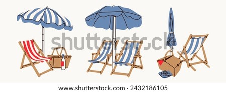 Summer beach set. Beach chairs, wooden deck chair, sun umbrella, picnic basket, sunbed. Hand drawn Vector illustration. Trendy unique style. Isolated design elements. Vacation, relax, holiday concept