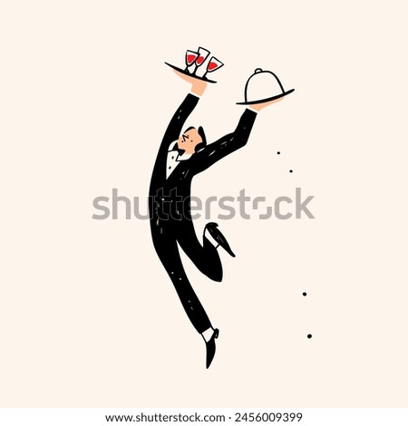 Waiter carrying tray with food and drinks. Cute cartoon character. Hand drawn Vector illustration. Isolated design element. Restaurant staff, service, professional kitchen, cooking, food concept