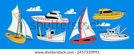 Various boats and ships, ocean transport. Sailing ship, tugboat, wind sail boat, yacht, fishing and speed boat. Hand drawn Vector illustration. Cartoon style. Isolated design elements