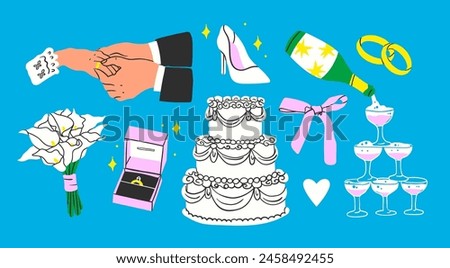 Wedding set. Cake, rings, shoe, champagne, holding hands, bouquet. Hand drawn trendy Vector illustration. Isolated design elements. Party, proposal, wedding, anniversary, celebration concept