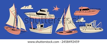 Various boats and ships, ocean transport. Sailing ship, tugboat, wind sail boat, yacht, fishing and speed boat. Hand drawn Vector illustration. Cartoon style. Isolated design elements