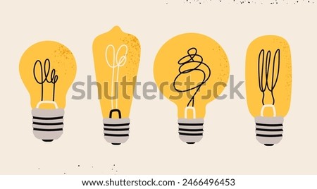 Various Light bulbs. Cartoon flat style. Idea, creativity, innovation, inspiration, invention concept. Hand drawn modern Vector illustration. Isolated design elements