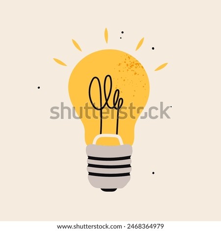 Yellow light Bulb. Cartoon flat style. Idea, creativity, innovation, inspiration, invention concept. Hand drawn modern Vector illustration. Logo, icon, print, design template