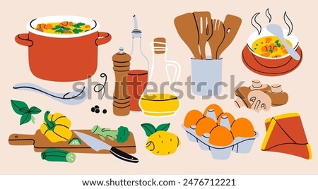 Soup in pan, utensils, pepper grinder, oil, mushrooms, cutting board, lemon, eggs, napkin, seasonal vegetables. Delicious vegetarian food concept. Hand drawn Vector illustration. Isolated elements