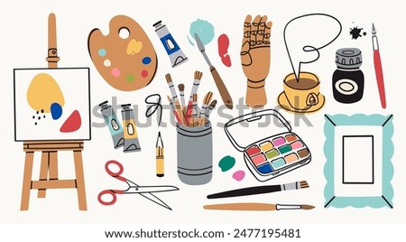 Various art tools, supplies, equipment. Mannequins hand, easel, canvas, scissors, ink, brush kit, pencil, paint palettes, oil tube, watercolor paint. Hand drawn Vector illustration. Isolated elements