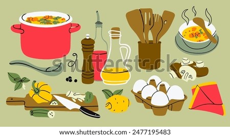 Soup in pan, utensils, pepper grinder, oil, mushrooms, cutting board, lemon, eggs, napkin, seasonal vegetables. Delicious vegetarian food concept. Hand drawn Vector illustration. Isolated elements