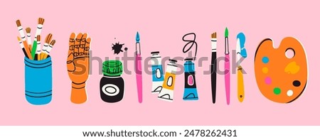 Various art tools, supplies, equipment. Mannequins hand, ink, brush kit, pencil, paint palette, oil tube paint. Hand drawn Vector illustration. Isolated elements