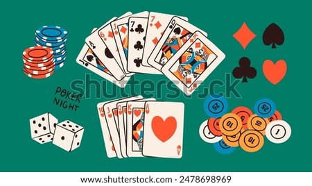 Poker night set. Playing cards, casino chips, token, dice, card suits. Hand drawn Vector illustration. Tournament, casino, poker, gambling, game, fun concept. Isolated design elements