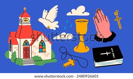 Catholic religious symbols. Various elements: chapel, praying hands, church cup, holy Bible, dove as holy spirit, cross. Faith, religion, communion concept. Isolated design elements. Cartoon style