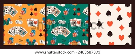 Poker night set. Playing cards, casino chips, token, dice, card suits. Hand drawn Vector illustration. Tournament, game, casino, poker, gambling, fun concept. Set of three square seamless Patterns