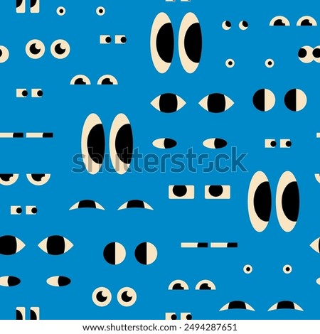 Various Eyes with different Emotions, look, expression. Big, small, suspicious, happy, sad, angry eyes. Cartoon style. Flat design. Hand drawn trendy Vector illustration. Square seamless Pattern