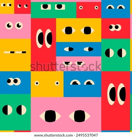 Various Eyes with different Emotions, look, expression. Big, small, suspicious, happy, sad, angry eyes. Cartoon style. Flat design. Hand drawn trendy Vector illustration. Square seamless Pattern