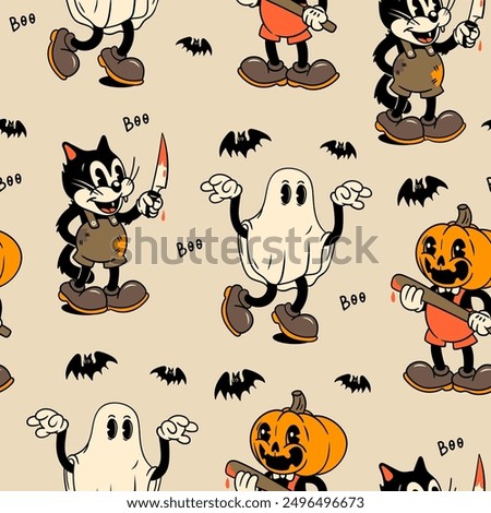 Ghost, Pumpkin head with baseball bat, Cat with knife. Halloween concept. Hand drawn modern Vector illustration. Cute creepy, scary, funny characters. Cartoon retro style. Square seamless Pattern