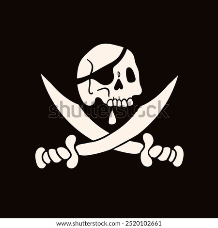 Jolly Roger logo. Skull with eyepatch, crossed swords. Hand drawn modern Vector illustration. Isolated design element. Sticker, logo, icon, print, design template. Sea adventures, piracy concept