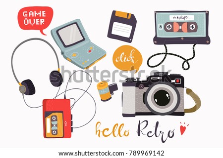 Hand drawn various retro devices. Colored vector set