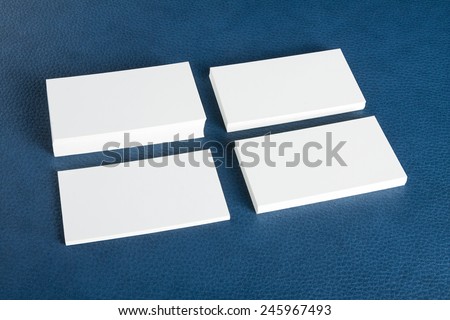 blank business cards on blue leather background, identity design, corporate templates, company style