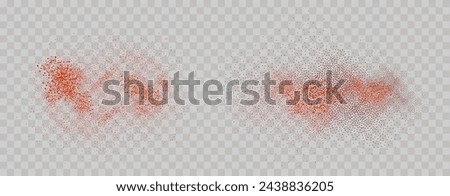 Grainy scatterings of  spicy burst . Splashes of  red pepper powder.Overlay effect chilli or paprika spice splatters. Vector realistic illustration of hot dried spice.