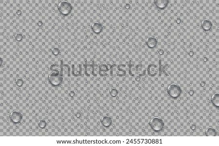 Rain transparent drops flow down the glass.Realistic wet condensation texture.Fresh water splash effect on the surface.Liquid spreading droplet shapes.