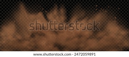 Vector background of a sand explosion with dirt and cloud smoke. Brown sandstorm splash and  dirty ground with a textured wind effect.Yellow flying particles and stone.