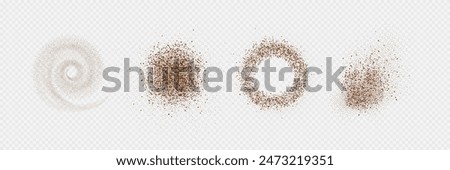 Chocolate and coffee powder, scattered cocoa on a light background. Particles of earth and dust. Brown sand texture.Top view of the cake.