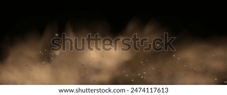 Vector background of a sand explosion with dirt and cloud smoke. Brown sandstorm splash and  dirty ground with a textured wind effect.Yellow flying particles and stone.