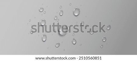 Rain transparent drops flow down the glass.Realistic wet condensation texture.Fresh water splash effect on the surface.Liquid spreading droplet shapes.