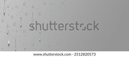 Rain transparent drops flow down the glass.Realistic wet condensation texture.Fresh water splash effect on the surface.Liquid spreading droplet shapes.