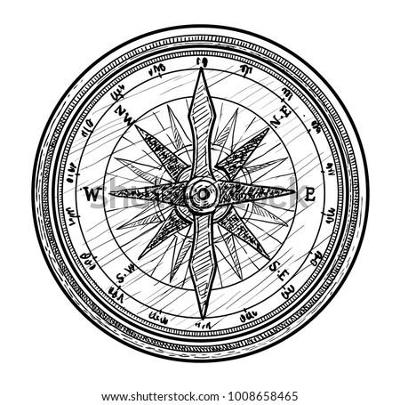 Compass illustration, drawing, engraving, ink, line art, vector
