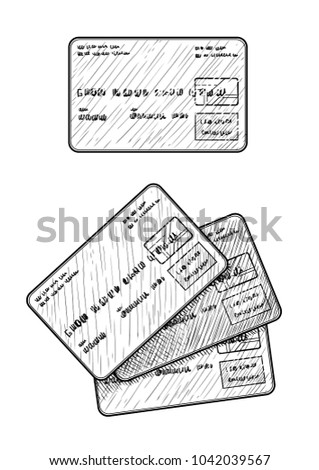 Credit card illustration, drawing, engraving, ink, line art, vector