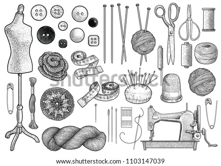 Sewing, knitting equipment collection illustration, drawing, engraving, ink, line art, vector
