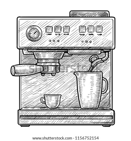 Coffee maker machine illustration, drawing, engraving, ink, line art, vector