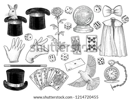 Magician equipment collection illustration, drawing, engraving, ink, line art, vector
