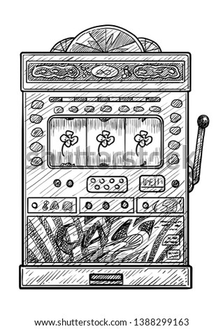 Slot machine illustration, drawing, engraving, ink, line art, vector
