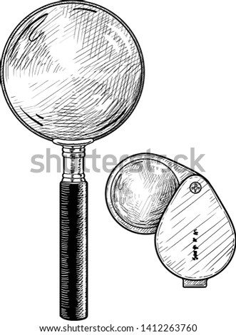 Magnifying glass illustration, drawing, engraving, ink, line art, vector
