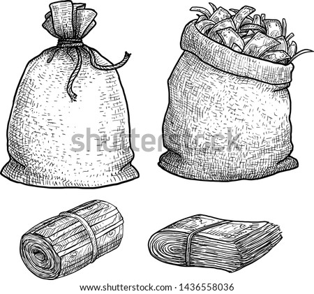 Money in bag illustration, drawing, engraving, ink, line art, vector