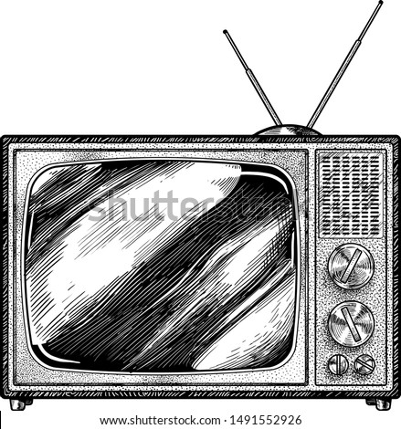 Retro television illustration, drawing, engraving, ink, line art, vector