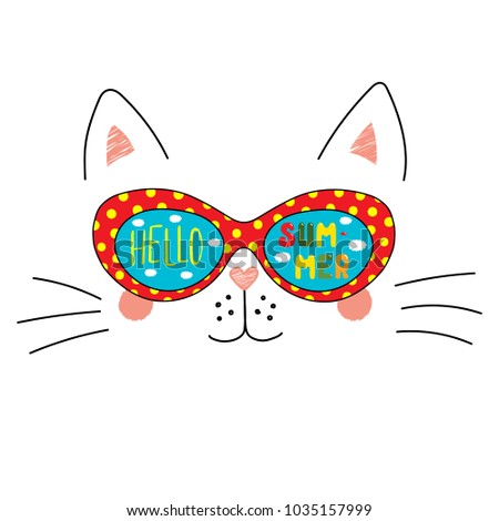 Hand drawn portrait of a cute cartoon funny cat in sunglasses with clouds in the sky reflection, text Hello Summer. Isolated objects on white background. Vector illustration. Design change of seasons.