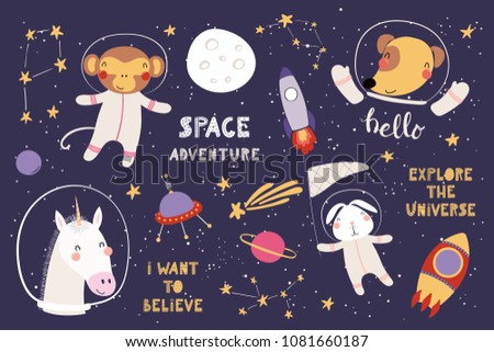 Big set of cute funny animal astronauts in space, with planets, stars, quotes. Isolated objects on white background. Vector illustration. Scandinavian style flat design. Concept for children print.