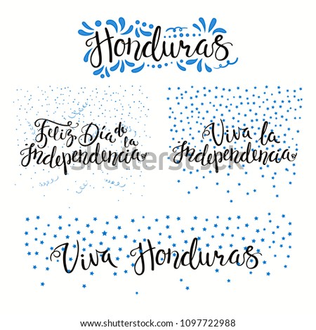 Set of hand written calligraphic Spanish lettering quotes for Honduras Independence Day with stars, confetti, in flag colors. Isolated objects. Vector illustration. Design concept banner, card.