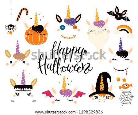 Halloween set with cute unicorns, pumpkin, ghost, witch, vampire, zombie, Frankenstein, devil. Isolated objects. Hand drawn vector illustration. Flat style design Concept for children print party