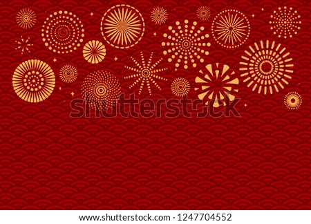 Chinese New Year background with golden fireworks on red traditional pattern. Vector illustration. Flat style design. Concept for holiday banner, greeting card, decorative element.